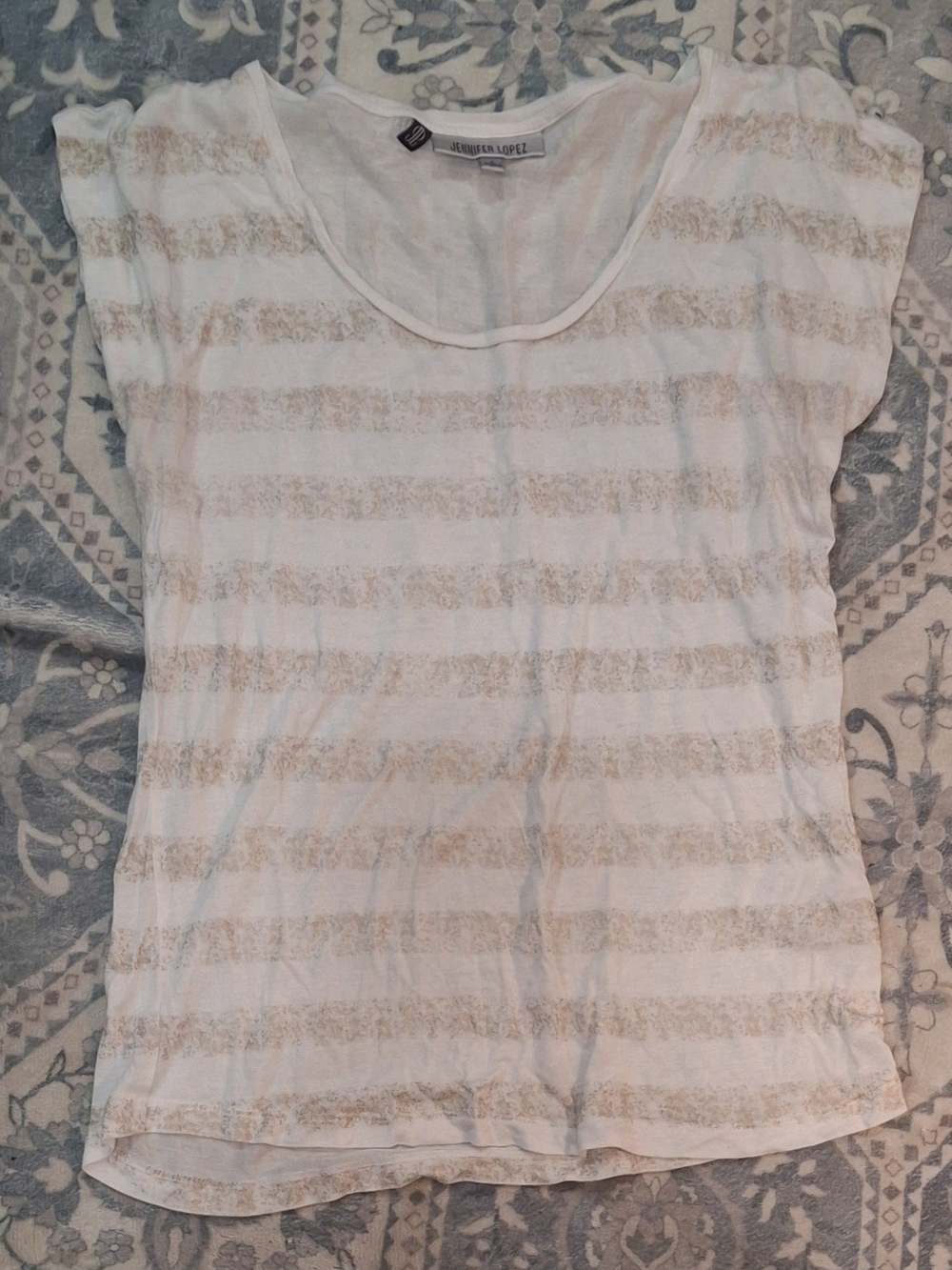 Jennifer Lopez White and Beige Striped Scoop Neck Tee